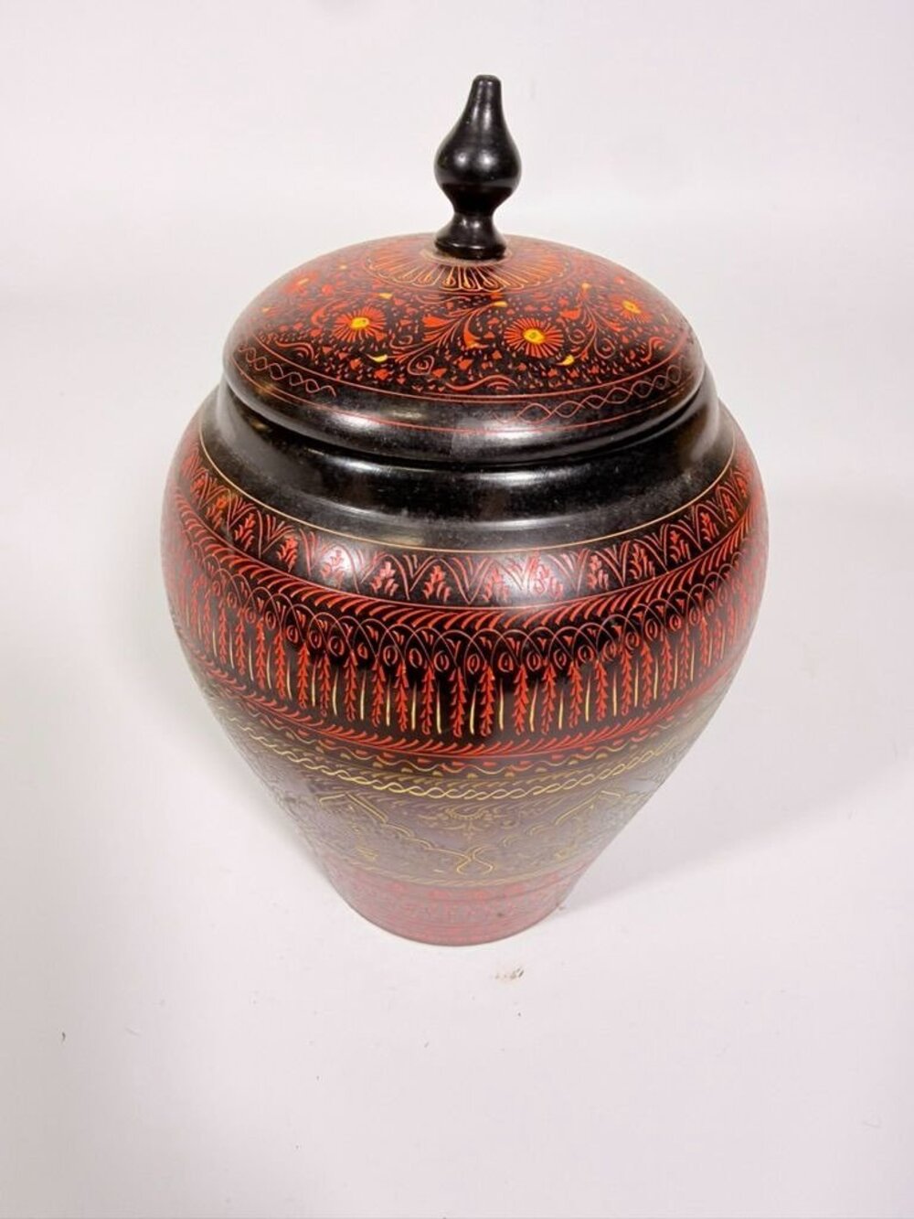 Jar Urn Canister Hand Carved Wooden Lacquer Pakistan Naqashi Turkish Handcrafted - Picture 10 of 16